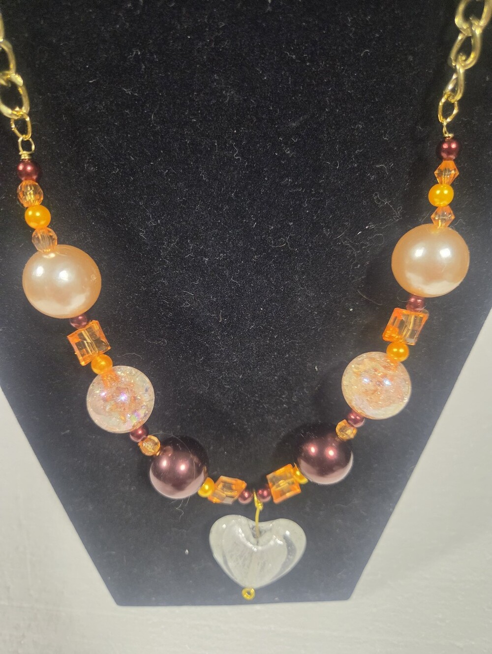 Handcrafted Orange & Pearl Heart Pendant Necklace